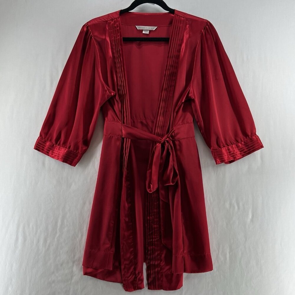 Victoria's Secret Satin Pleated Short Robe Womens L Lingerie Wrap Belted Vtg Red